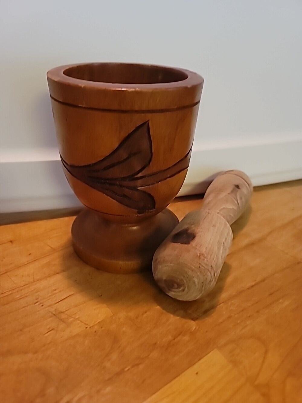 Large Wooden Turned Carved Mortar 6" and Pestle 8" Tribal Décor Design VINTAGE